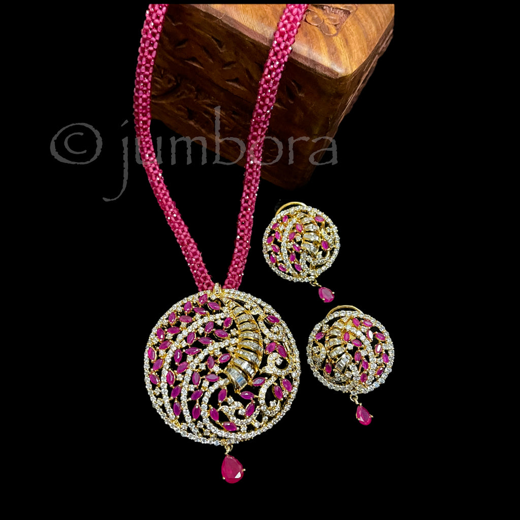 Royal Ruby and White AD Zircon (CZ) Pendant Set in Hydrobeads Mala