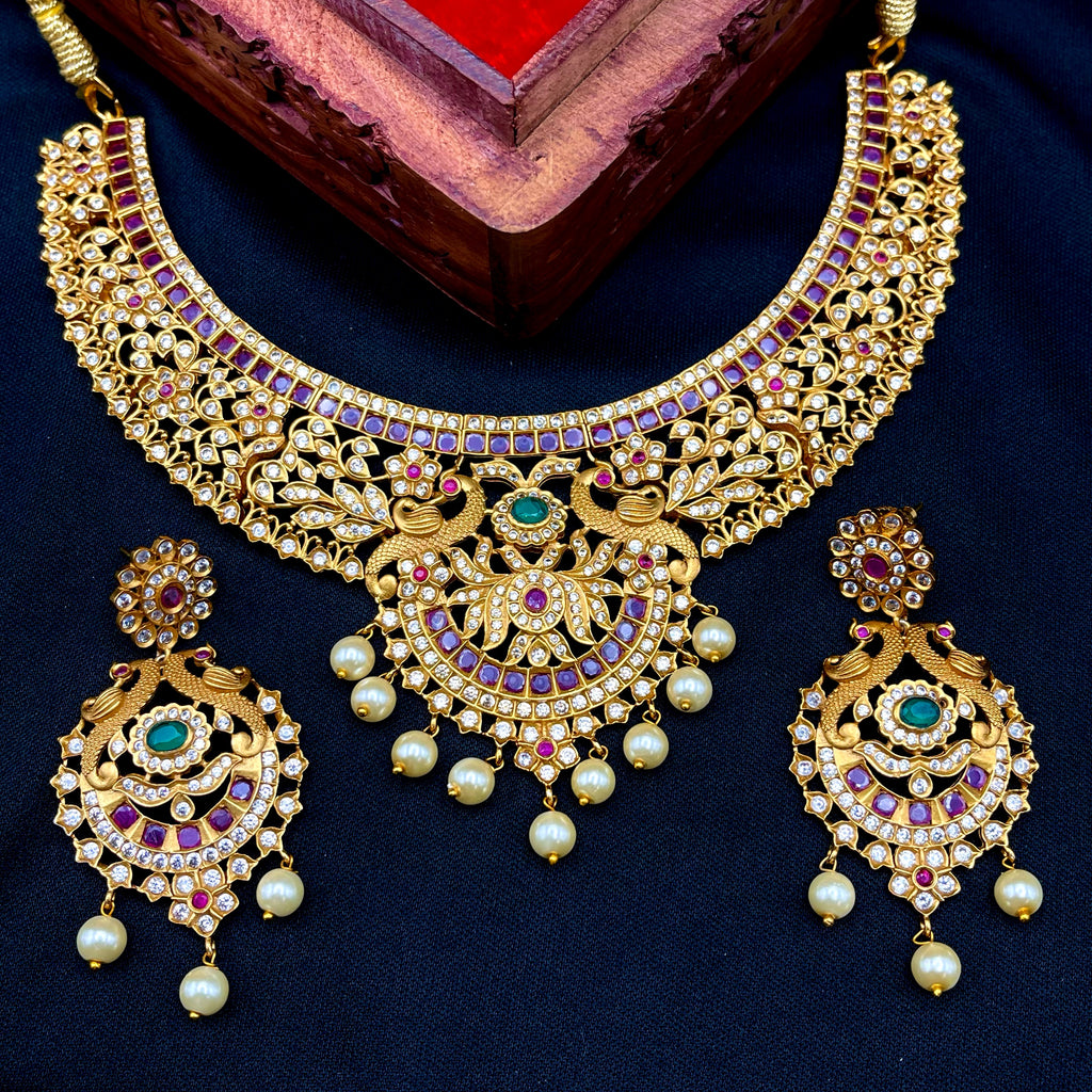 Royal Matte Gold Peacock Necklace Set