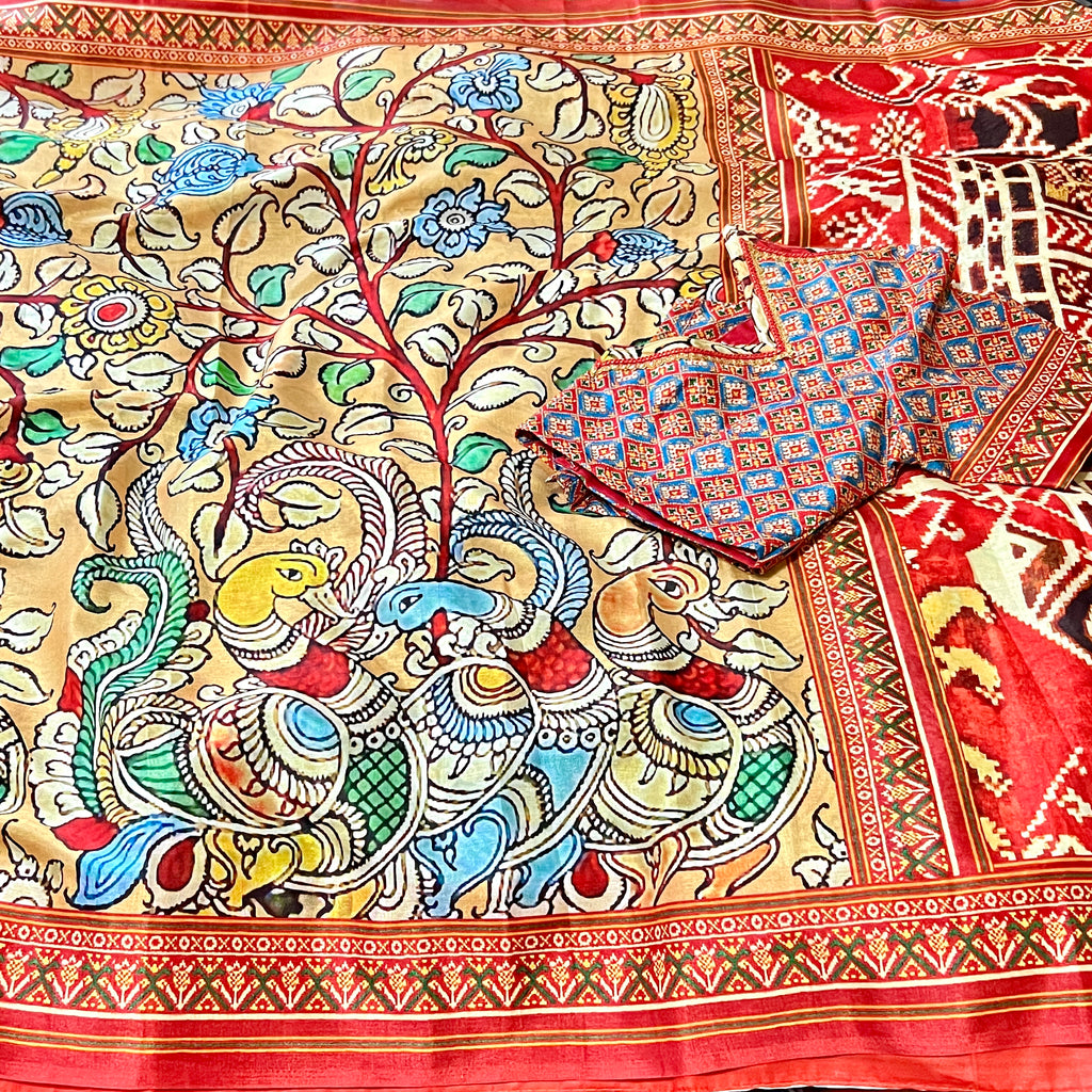 Sandal Color Soft Satin Silk Kalamkari Saree with Stitched Blouse