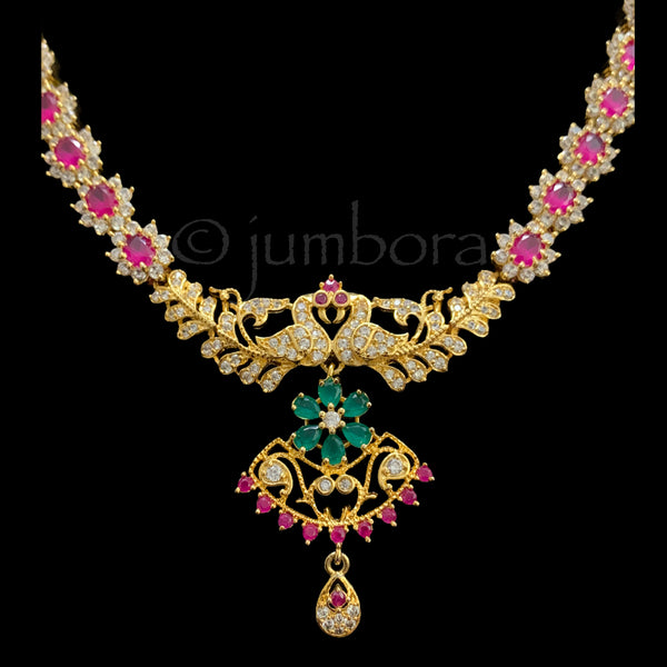Elegant Peacock Ruby & Emerald AD Zircon (CZ) Necklace