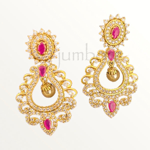 Zircon (AD) Chaandbali Earring with White and Ruby Red stones
