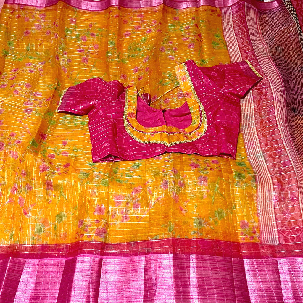 Mustard Yellow and Pink Floral Organza Saree with stitched blouse