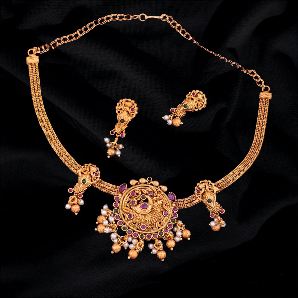 Matte Gold Peacock Addigai Style Kemp Necklace Set