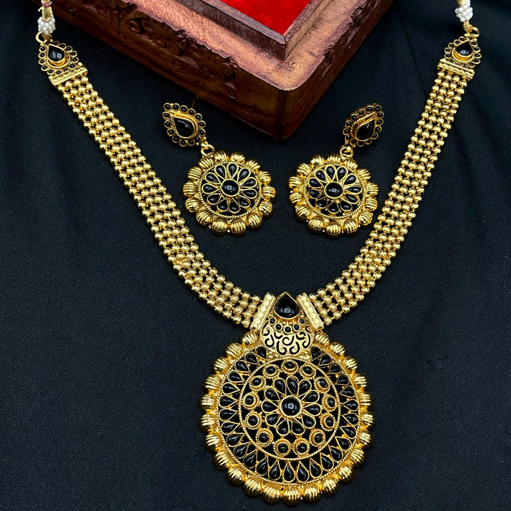 Antique Gold Black Big Pendant necklace set.