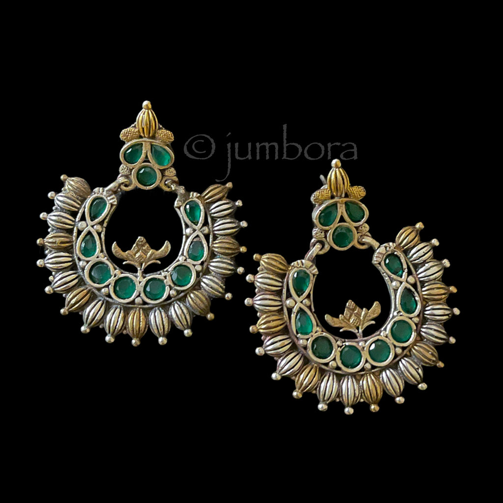 Oxidized German Silver Chandbali Earring in Emerald Green