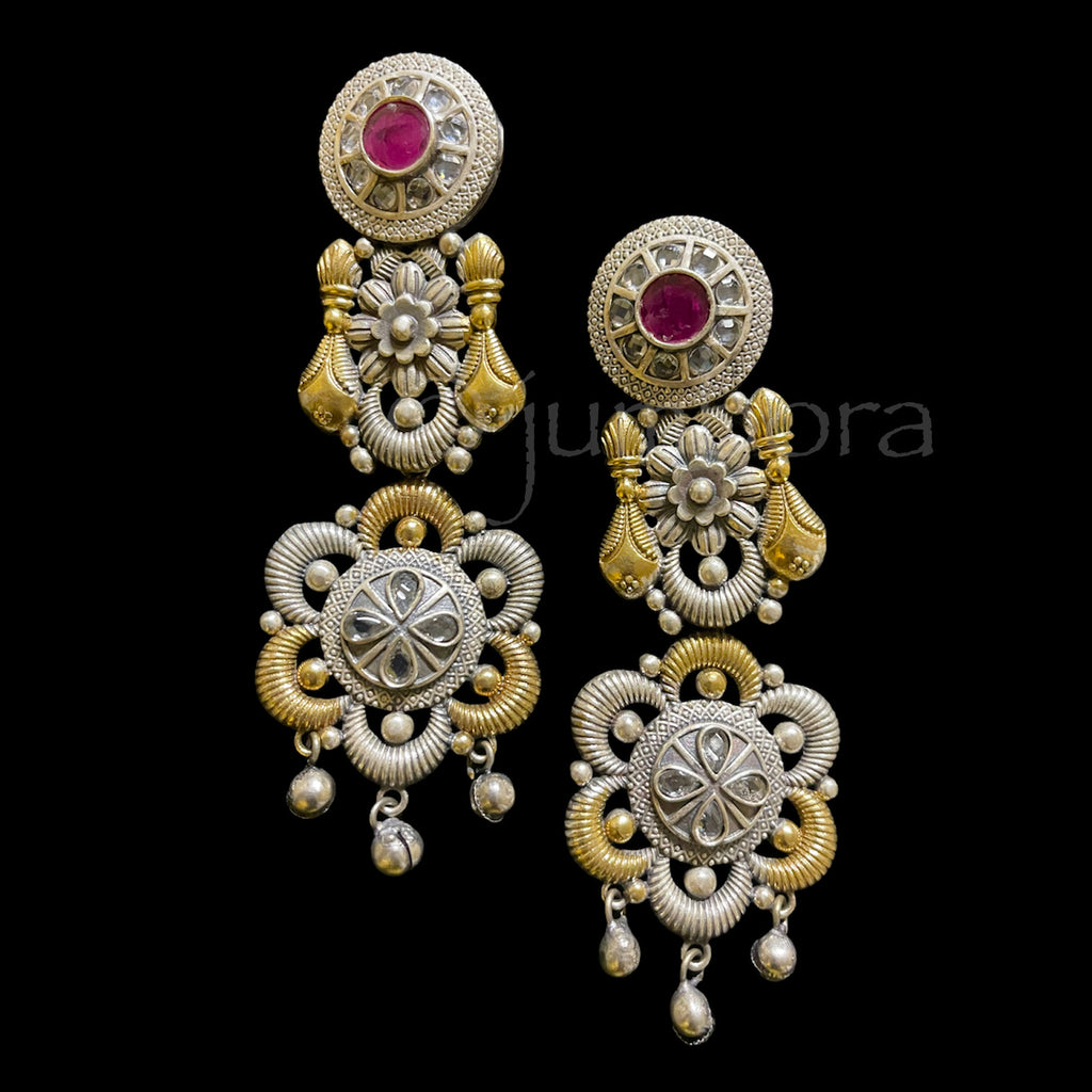 Long Oxidized German Silver Earring in Dual tone