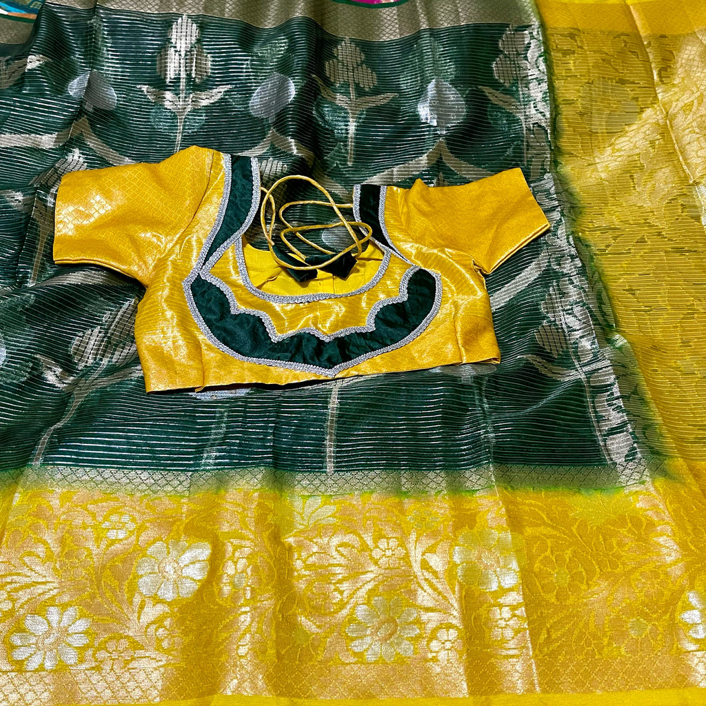 Dark Green with Yellow Designer Banarasi organza Saree with stitched blouse