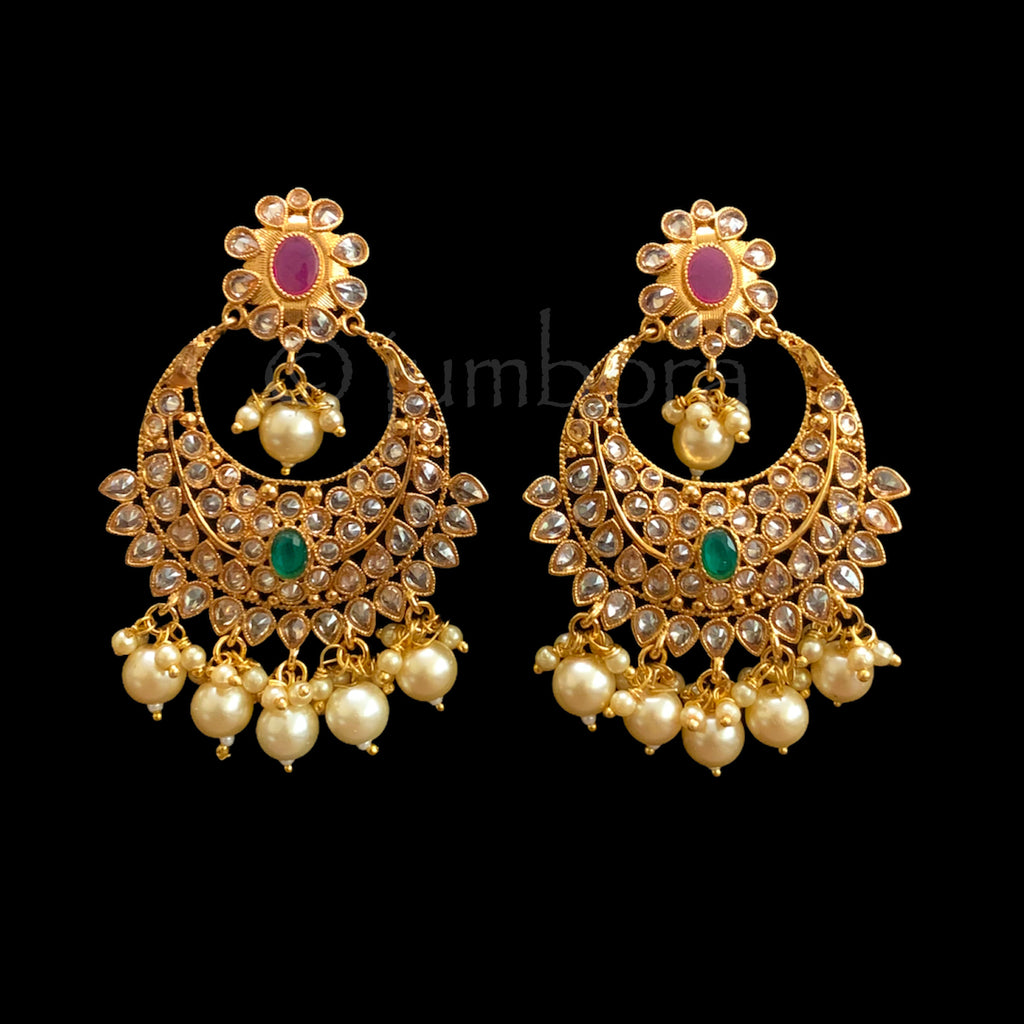 Polki LCD Champagne Chandbali Earrings with Pearl