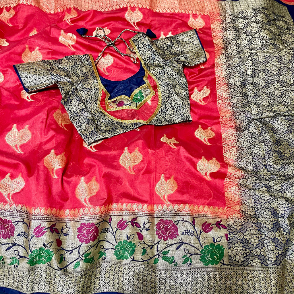 Red Semi Paithani Dupion Silk Saree with stitched Blouse