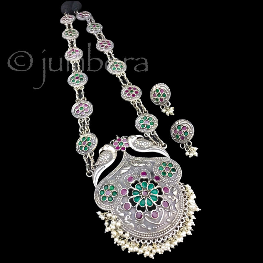Premium Finish German Silver Necklace set with Ruby and Green stones