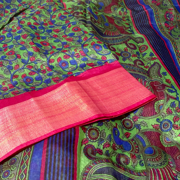 Sea Green & Pink Soft Jute Cotton Kalamkari Sari with Stitched Blouse