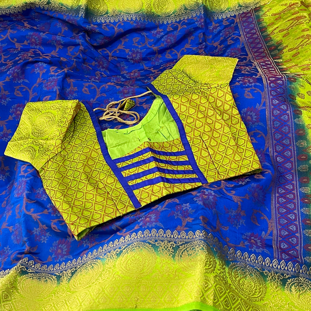 Royal Blue and Green Floral Embroidery Semi Banarasi Saree