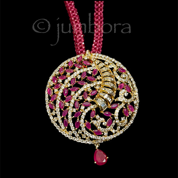 Royal Ruby and White AD Zircon (CZ) Pendant Set in Hydrobeads Mala