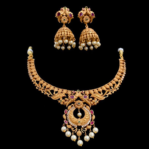 Traditional Matte Antique Gold Necklace with Jhumka