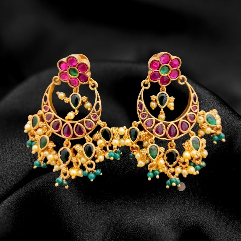 Matte Gold Red & Green Kemp Chaandbali Earring