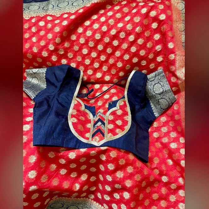 Red & Navy Blue Designer Banarsi Dupion Silk Banarasi Saree with stitched blouse