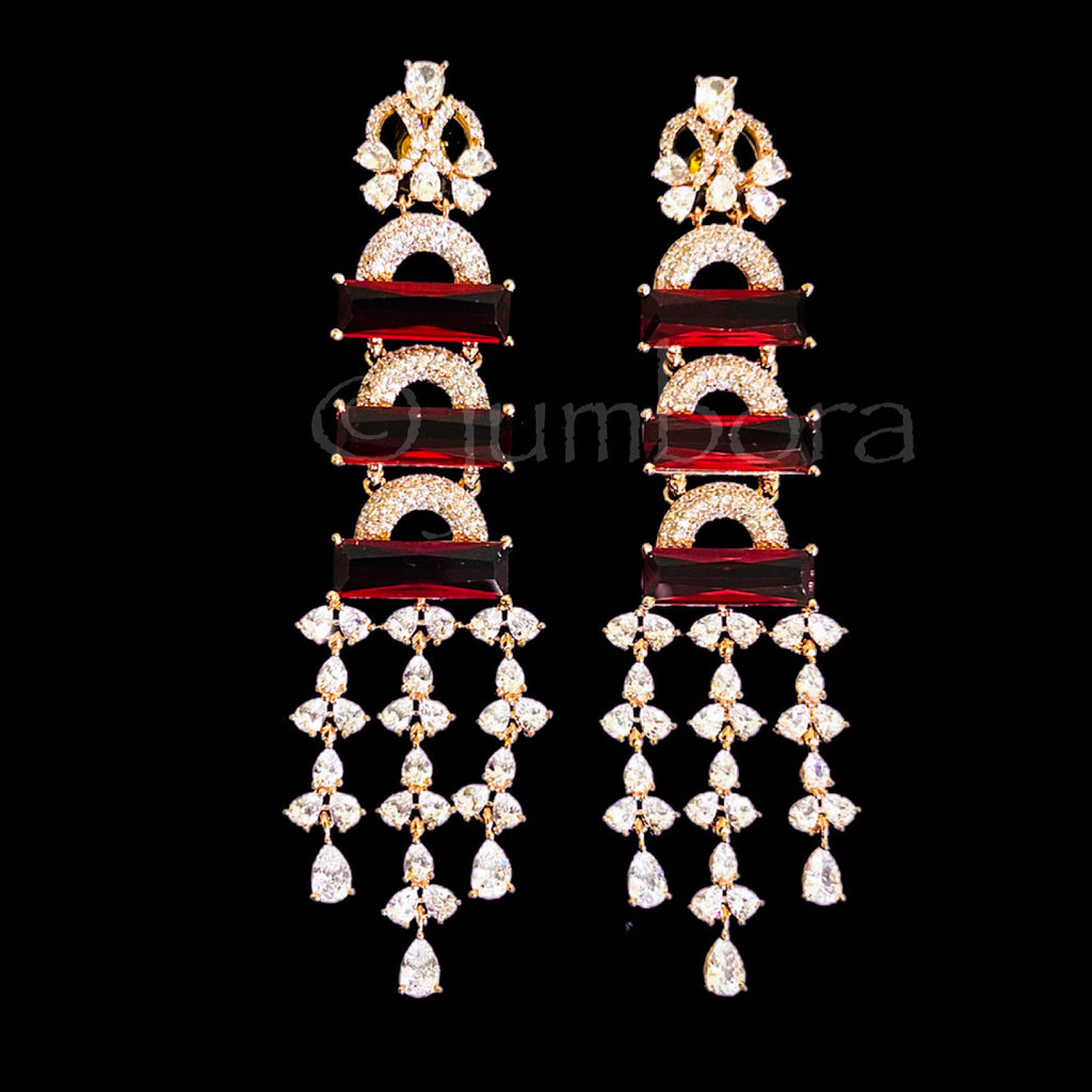 Rose Gold Long Statement Earring with Burgandy Red AD Stone