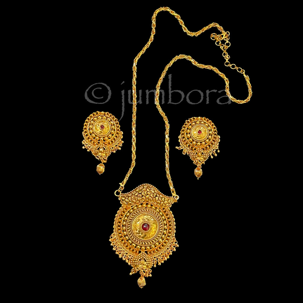 Long Chain Gold Finish Mala Necklace with Stud Earrings