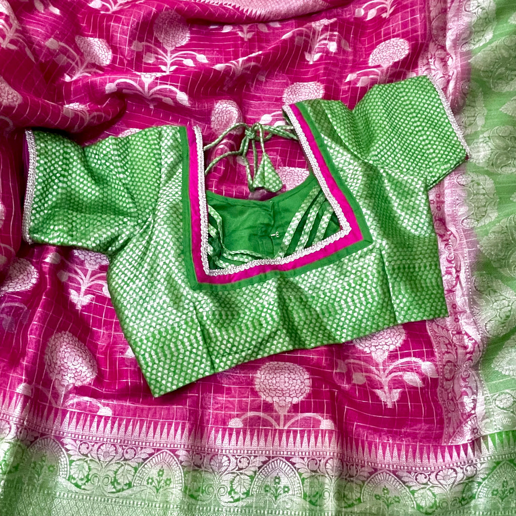 Pink & Green Banarasi Organza with Silver Zari Saree