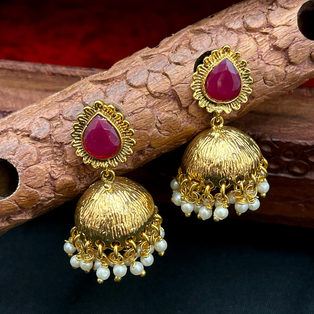 Elegant Antique Gold Ruby Red Jhumka Earrings