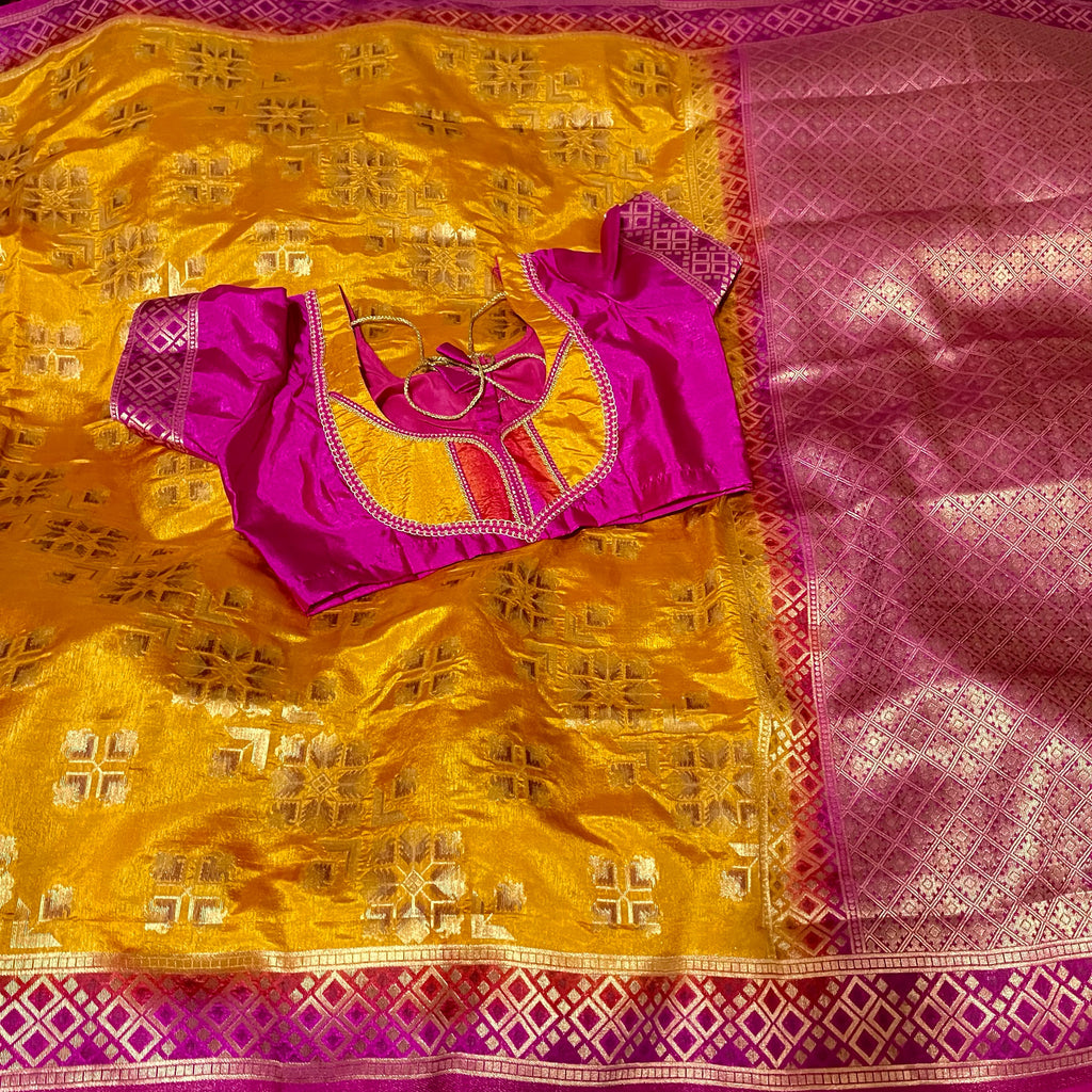 Mustard Yellow and Magenta Pink Banarasi Jute silk saree with Blouse