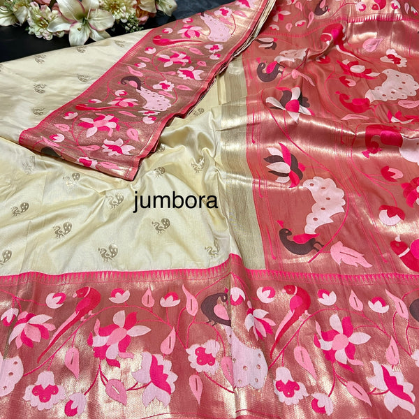 Cream Semi Katan Paithani silk saree with stitched blouse
