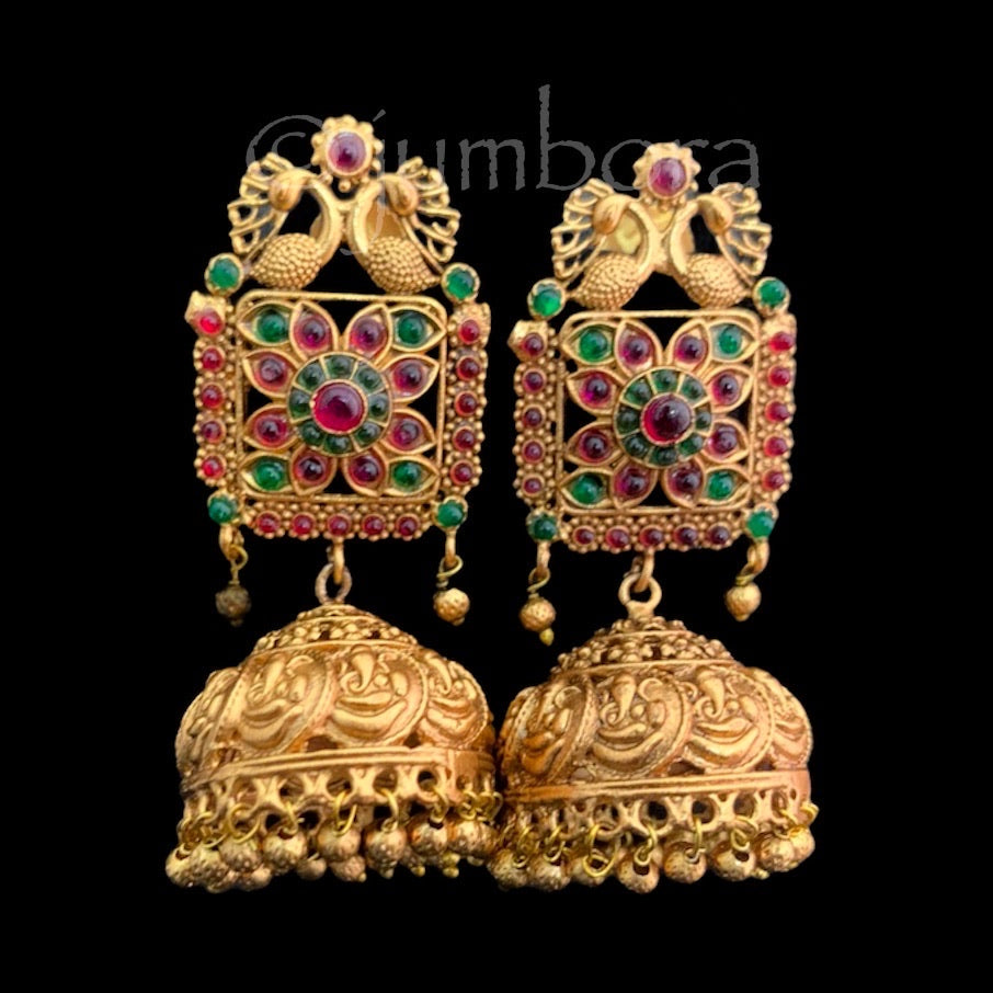 Traditional Matte Antique Gold Jhumka with Ganesha and Kempu stone