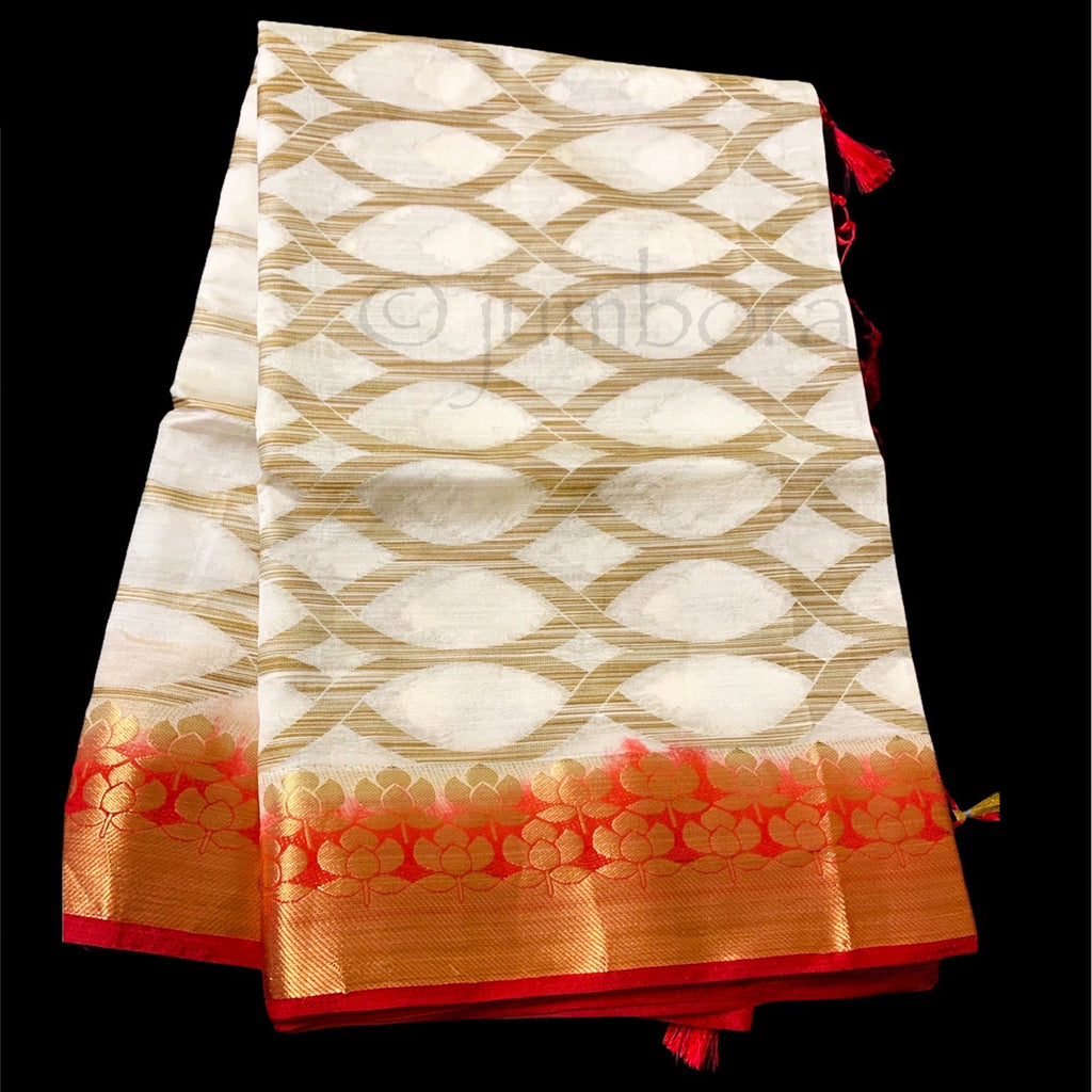 White with Red golden zari border semi Tusser silk Saree