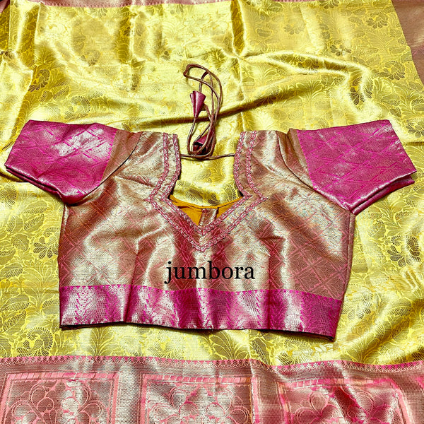 Yellow & Pink Dupion Soft Tissue Silk Saree with Stitched Blouse