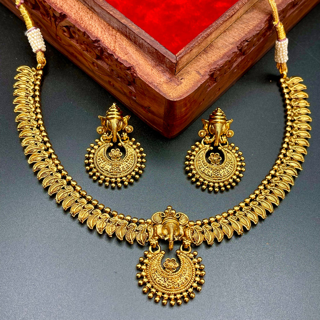 Traditional Antique Gold Finish Ganesha and Leaf Necklace