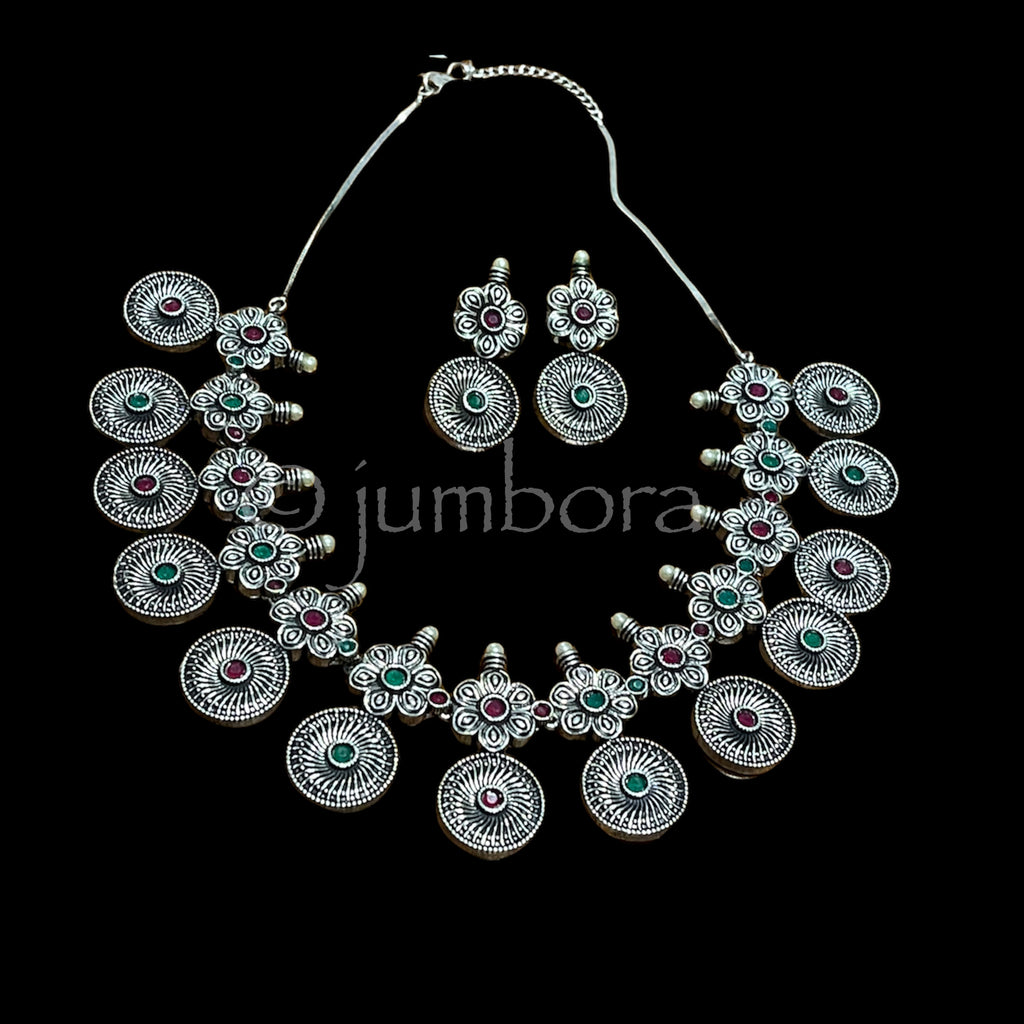 Statement Oxidized German Silver coin style Necklace set