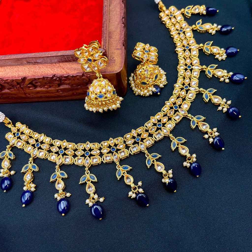 Blue Polki Gold LCD Champagne AD stone Necklace with Jhumka Earring