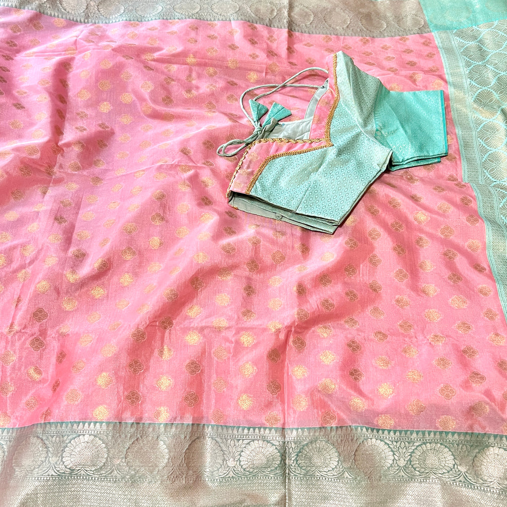 Pastel Pink & Mint Green Banarasi Tanchoi Silk Saree with Stitched Blouse