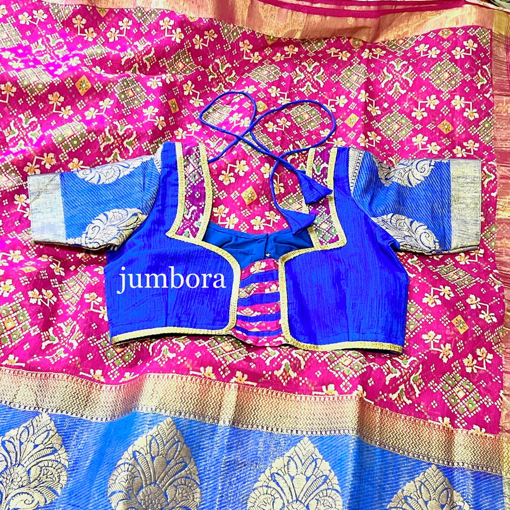 Pink & Blue Ikkat Pochampalli Soft Jute Cotton Silk Saree with Stitched Blouse
