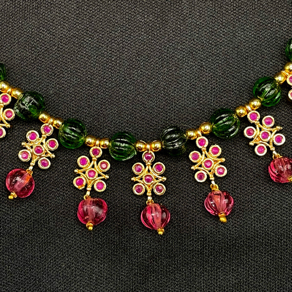 Handmade Ruby Pink and Green Pumpikin Beads AD Mala Necklace