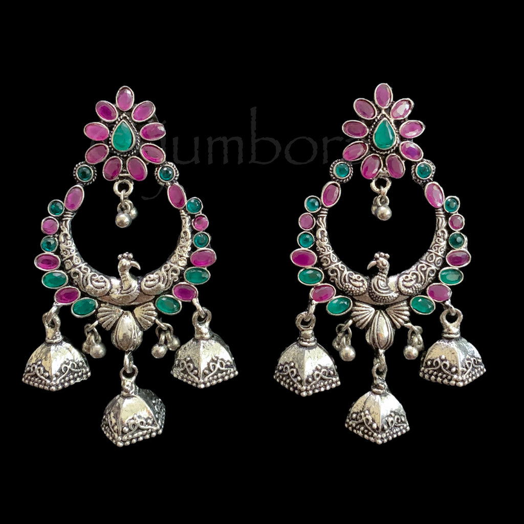 Peacock Oxidized German Silver Earring with Tripe Jhumkas