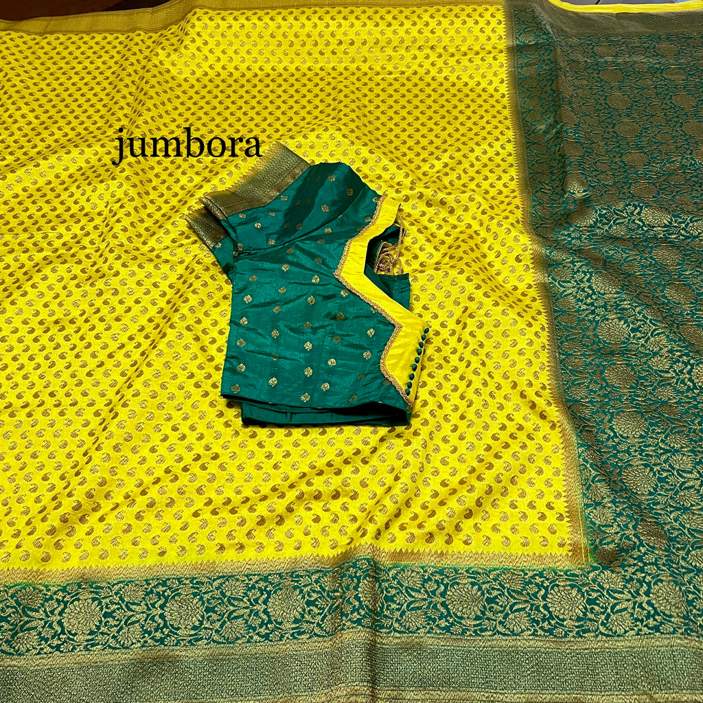 Yellow with Green Banarasi Jute Saree with stitched blouse
