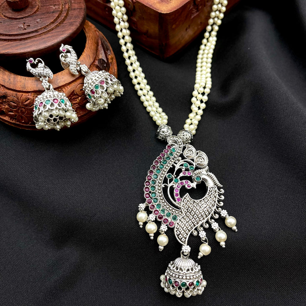 Peacock Oxidized German Silver Pearl Mala Necklace with Jhumka