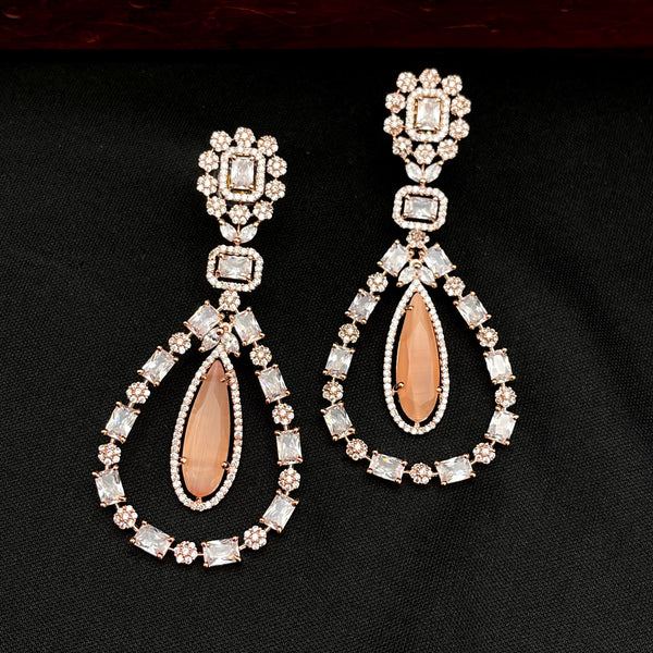 Statement Rose Gold Long White & Peach AD (CZ) Earring