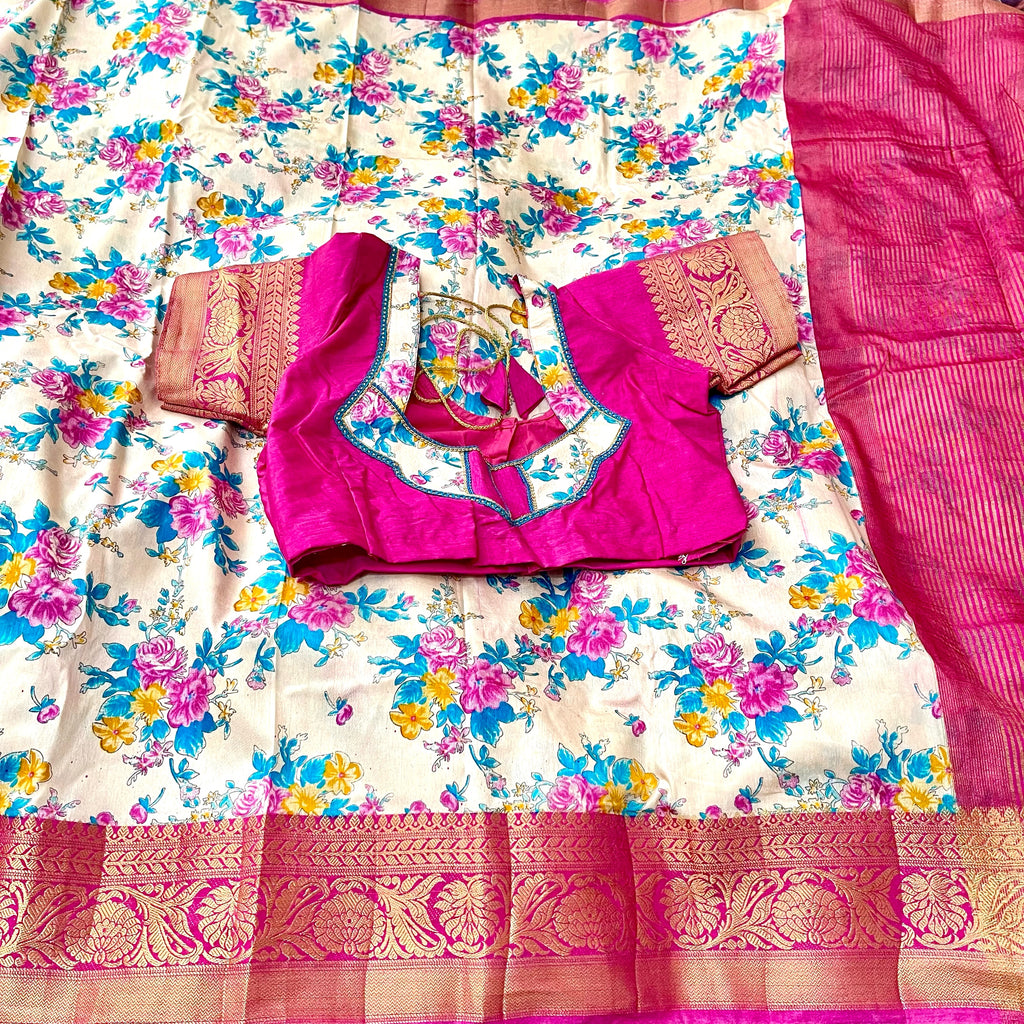 Pink Floral Kalamkari Printed Raw Silk Saree with stitched Blouse