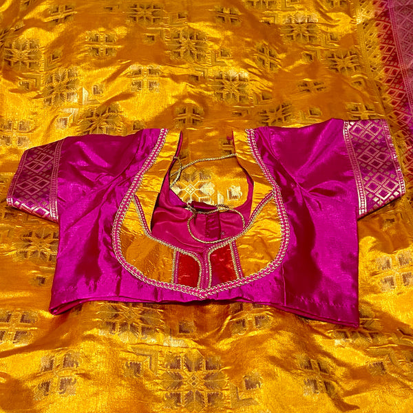 Mustard Yellow and Magenta Pink Banarasi Jute silk saree with Blouse