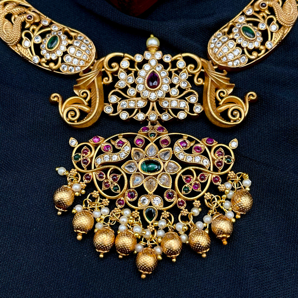 Traditional Kemp Mango Matte Gold Necklace with Jhumka Jumbora