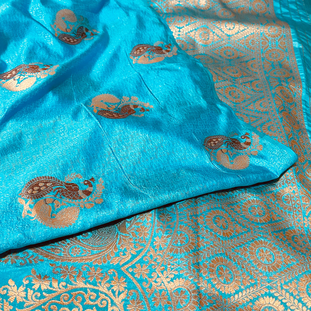 Blue Peacock Motif Borderless Semi Soft Silk Saree