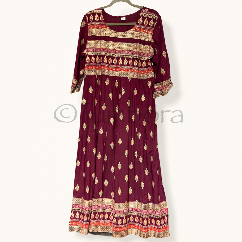 Maroon Printed Rayon Cotton Long Dress Style Kurthi