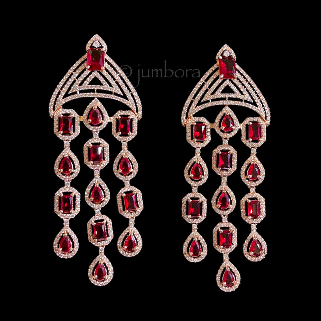 Statement Long Rose Gold AD Zircon (CZ) Red Earring