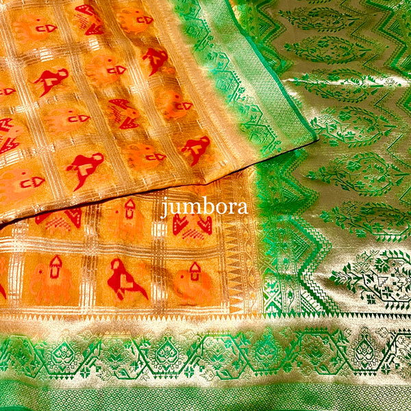 Mustard Yellow and Green Banarasi Patola Silk Saree with Stitched Blouse