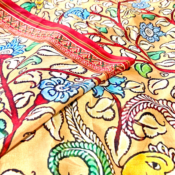 Sandal Color Soft Satin Silk Kalamkari Saree with Stitched Blouse