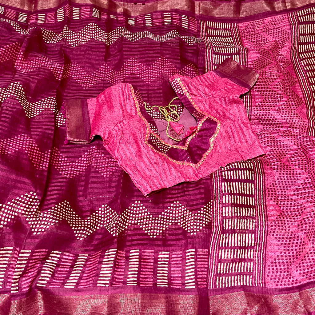 Wine Red Color Rajasthani Bagru Print Soft Mulmul Linen Cotton Saree with Stitched Blouse