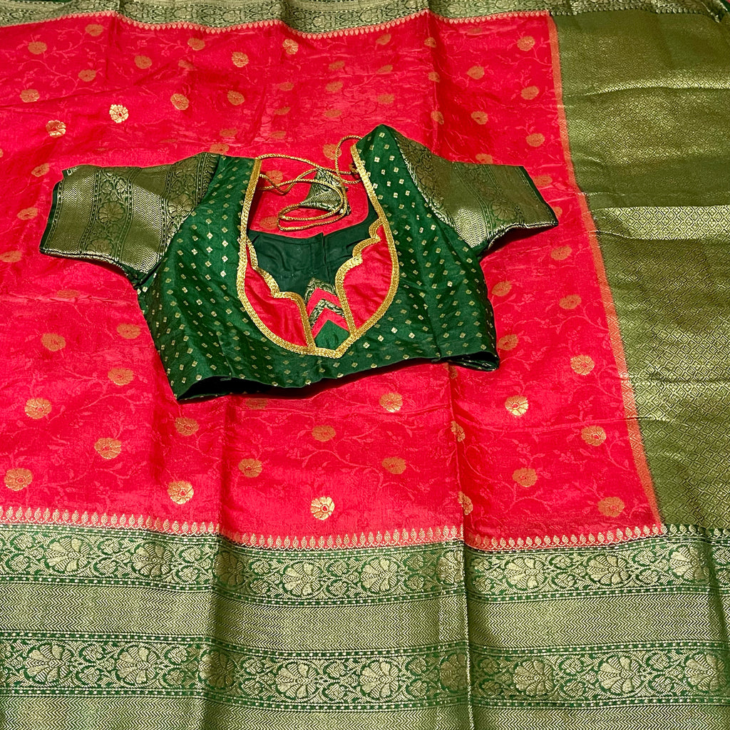 Red & Green Dupion Silk Banarasi Saree with stitched blouse