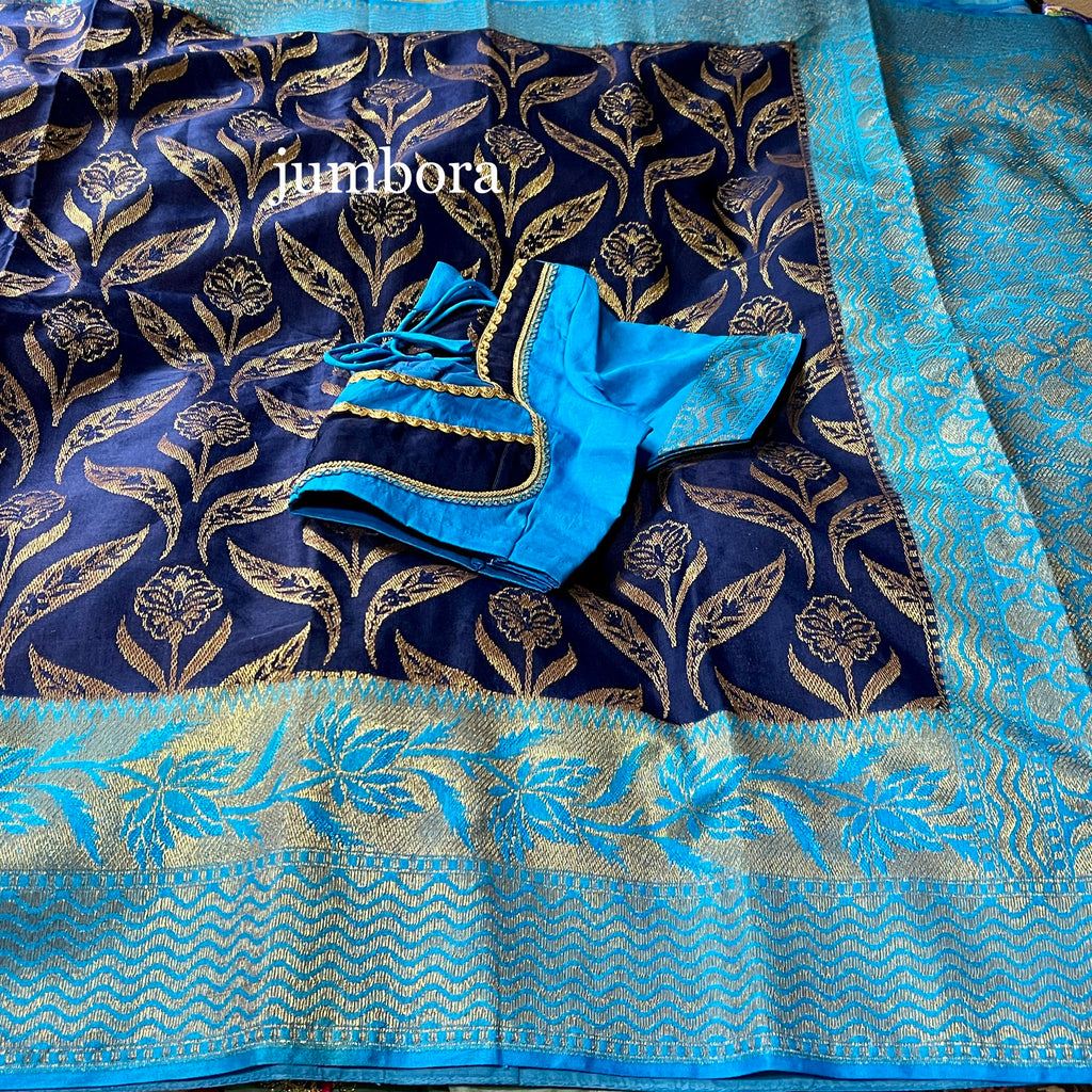 Navy Blue with light Blue Banarasi Dupion Saree with stitched blouse
